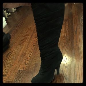Kensie Black Ruched Suede Knee High Heeled Boots